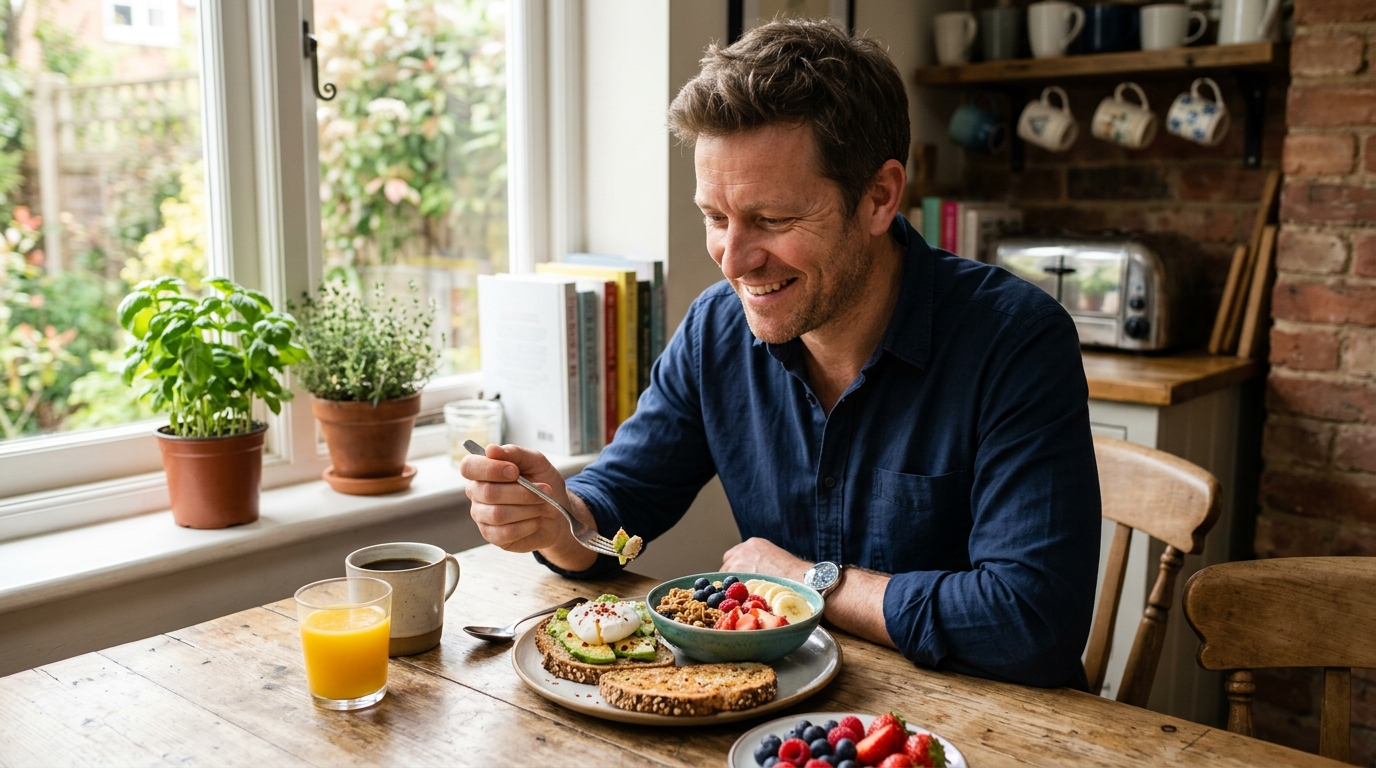 Zdravá snídaně s ovocem a celozrnným chlebem